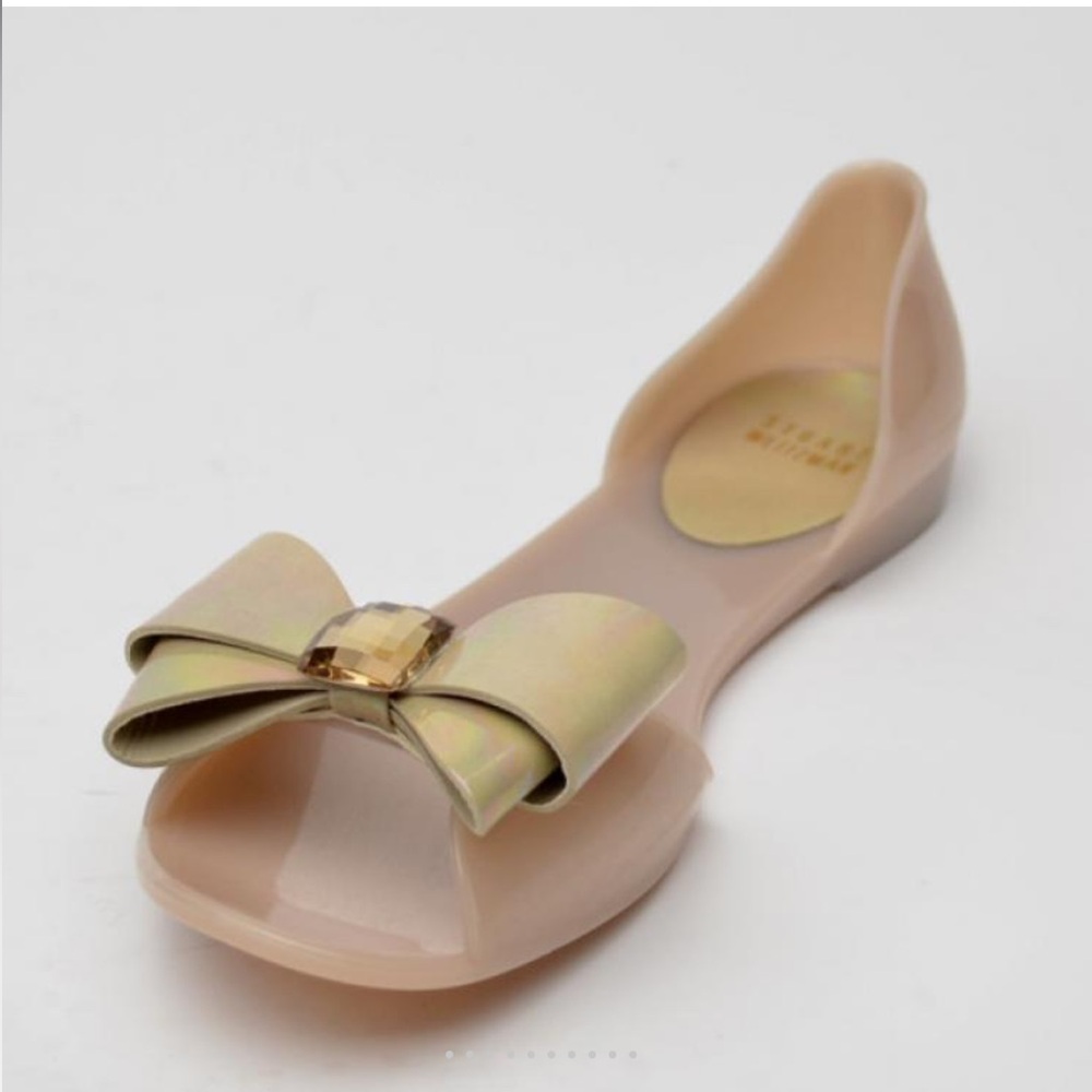 Stuart Weitzman Gemini Glitter Bow Jelly D'orsay Flats Size 37 US 6.5 Biege - Picture 2 of 7